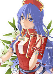 Rule 34 | 1girl, agatemarine, blue eyes, blue hair, book, bracelet, breasts, cowboy shot, dress, fire emblem, fire emblem: the binding blade, flower, hat, jewelry, lilina (fire emblem), long hair, looking at viewer, medium breasts, nintendo, plant, red dress, red hat, simple background, smile, solo, twitter username, white background