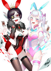 Rule 34 | 2girls, animal ears, black clover, black hair, breasts, colored skin, corset, costume, crown, eyepatch, fangs, large breasts, leotard, long hair, multiple girls, nail polish, noelle silva, open mouth, pink eyes, playboy bunny, rabbit ears, red eyes, short hair, silver hair, tattoo, thighhighs, vanica zogratis, white background, white hair, white skin