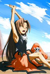 Rule 34 | arc system works, breasts, brown hair, guilty gear, long hair, may (guilty gear), pirate, small breasts, stretching, yawning