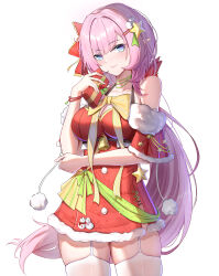 Rule 34 | 1girl, absurdres, alternate costume, bare shoulders, bell, blue eyes, blush, bow, box, breasts, chinese commentary, christmas, cleavage, closed mouth, commentary request, cowboy shot, dress, elf, elysia (honkai impact), fur trim, garter straps, gift, gift box, hair bow, hair ornament, highres, holding, holding gift, honkai (series), honkai impact 3rd, jewelry, large breasts, long hair, looking at viewer, pink hair, pink pupils, pointy ears, ponytail, red dress, ribbon, santa costume, simple background, skindentation, smile, solo, star (symbol), star hair ornament, thighhighs, thighs, very long hair, white background, white thighhighs, ying ling