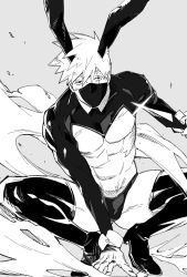 Rule 34 | 1boy, abs, hatake kakashi, highres, holding, holding kunai, holding weapon, kunai, latex, male focus, male playboy bunny, male underwear, mask, meme attire, monochrome, mouth mask, muscular, muscular arms, muscular legs, muscular male, naruto (series), nipples, pectorals, rabbit ears, reverse bunnysuit, reverse outfit, scar, scar across eye, scar on face, short hair, squatting, thighhighs, thighs, toned, toned male, toned stomach, underwear, weapon, wrist cuffs