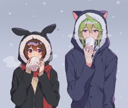 Rule 34 | 2boys, alternate costume, blush, brown eyes, brown hair, buttons, coat, cold, commentary request, creatures (company), cup, drinking, game freak, green hair, hair between eyes, hands up, hilbert (pokemon), holding, hood, hood up, hooded coat, long sleeves, male focus, mug, multiple boys, n (pokemon), nintendo, p (flavorppp), pokemon, pokemon bw, red scarf, scarf, steam, sweater, upper body, yellow sweater