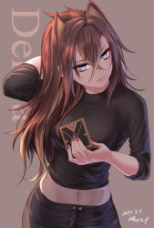 Rule 34 | 1girl, alternate costume, animal ears, arm up, black pants, black shirt, blue eyes, breasts, brown background, brown hair, character name, closed mouth, crop top, crossed bangs, dark-skinned female, dark skin, dated, dehya (genshin impact), fingernails, genshin impact, hair between eyes, hair ears, hair over shoulder, hand in own hair, holding, large breasts, lips, long fingernails, long hair, looking at viewer, midriff, nail polish, navel, pants, red nails, shirt, signature, simple background, smile, solo, yamamoto arifred