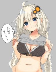 Rule 34 | 1girl, absurdres, ahoge, black bow, black bra, blue eyes, blush, bow, bow bra, bra, braid, breasts, cleavage, closed mouth, clothes lift, commentary request, grey background, grey jacket, hair ornament, head tilt, highres, jacket, kizuna akari, lifting own clothes, long hair, looking at viewer, medium breasts, navel, shirt lift, shun (b.c), simple background, sketch, solo, stomach, teeth, thought bubble, translation request, twin braids, underwear, upper body, upper teeth only, voiceroid