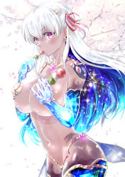 Rule 34 | 1girl, armor, bare shoulders, bikini armor, blush, breast hold, breasts, cherry blossoms, cleavage, covering privates, covering breasts, dango, earrings, eating, fate/grand order, fate (series), food, hair between eyes, hair ribbon, jewelry, kama (fate), kama (third ascension) (fate), large breasts, long hair, looking at viewer, navel, petals, pink eyes, revealing clothes, ribbon, silver hair, solo, sparkle, uenoryoma, wagashi
