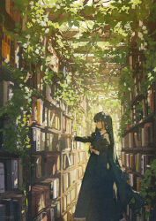 Rule 34 | 1girl, black dress, black hair, blue eyes, blue ribbon, book, bookshelf, dappled sunlight, dress, feet out of frame, from side, green theme, highres, holding, holding book, indoors, juliet sleeves, leaf, library, long hair, long sleeves, looking at object, looking to the side, nature, neck ribbon, original, outstretched arm, potg (piotegu), puffy sleeves, ribbon, solo, standing, sunlight, very long hair