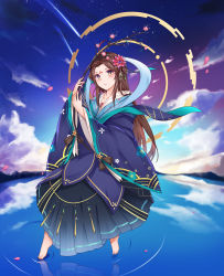 Rule 34 | 1girl, absurdres, ahoge, aoman de cangshu, barefoot, blush, brown hair, closed mouth, cloud, collarbone, dress, flower, hair flower, hair ornament, hands up, highres, holding, holding stick, long hair, long skirt, long sleeves, looking at viewer, original, purple dress, shooting star, skirt, solo, stick, tiptoes, toes, water, wide sleeves, yellow eyes