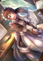 Rule 34 | 1girl, apron, blue eyes, cup, dishes, dutch angle, frills, highres, holding, indoors, long hair, looking at viewer, maid, maid apron, maid headdress, open mouth, original, purple (jobseeking), standing, tray