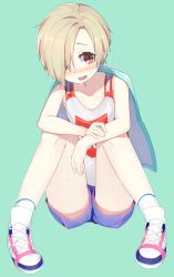 Rule 34 | 10s, 1girl, bags under eyes, blonde hair, blush, commentary request, earrings, hair over one eye, highres, idolmaster, idolmaster cinderella girls, jewelry, looking at viewer, open mouth, red eyes, shirasaka koume, shoes, short hair, shorts, simple background, sitting, sneakers, snowflyer, solo, sweat, tank top