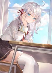 Rule 34 | 1girl, absurdres, ahoge, alisa mikhailovna kujou, blouse, blue eyes, bow, bowtie, brown skirt, chair, closed mouth, collared shirt, commentary request, day, grey hair, grey jacket, hand on own face, happy, highres, jacket, long sleeves, looking at viewer, miniskirt, momoko (momopoco), pleated skirt, red bow, red bowtie, red ribbon, ribbon, school, shirt, sitting, skirt, smile, solo, table, thighhighs, tokidoki bosotto roshia-go de dereru tonari no arya-san, white shirt, white thighhighs, zettai ryouiki