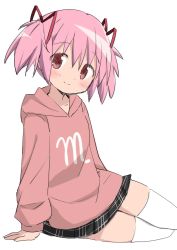 Rule 34 | 1girl, alternate costume, arm support, arms at sides, black skirt, closed mouth, clothes writing, collarbone, dot nose, eyes visible through hair, flat chest, full body, hair ribbon, happy, head tilt, highres, hood, hood down, hoodie, kaname madoka, legs together, light blush, light smile, looking at viewer, mahou shoujo madoka magica, mahou shoujo madoka magica (anime), on ground, pink eyes, pink hair, pink hoodie, plaid, plaid skirt, pleated skirt, red ribbon, ribbon, shaded face, short twintails, simple background, sitting, skindentation, skirt, solo, tareme, thighhighs, thighs, tsubaki (tatajd), twintails, white background, white thighhighs, yokozuwari, zettai ryouiki