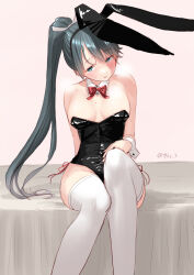 Rule 34 | 1girl, alternate costume, animal ears, bed, black leotard, bow, bowtie, breasts, detached collar, feet out of frame, green eyes, grey hair, highres, houshou (kancolle), kantai collection, leotard, long hair, one-hour drawing challenge, playboy bunny, rabbit ears, red bow, red bowtie, small breasts, solo, strapless, strapless leotard, tetsukuzu (yajirushi shita), thighhighs, white thighhighs, wrist cuffs