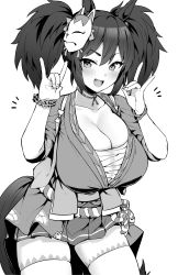 Rule 34 | 1girl, :d, absurdres, animal ears, blush, breasts, cleavage, collarbone, fang, fox shadow puppet, greyscale, hands up, highres, horse ears, horse girl, horse tail, hotate-chan, inari one (umamusume), large breasts, long hair, looking at viewer, mask, mask on head, miniskirt, monochrome, open mouth, pleated skirt, shorts, shorts under skirt, skirt, smile, solo, tail, thighhighs, thighs, twintails, umamusume