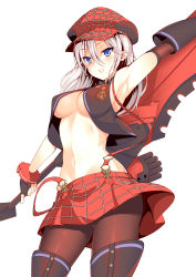 Rule 34 | 1girl, absurdres, alisa ilinichina amiella, arm up, armpits, black gloves, black pantyhose, blue eyes, breasts, daive, fingerless gloves, gloves, god eater, hair between eyes, hat, highres, long hair, looking at viewer, medium breasts, navel, no bra, pantyhose, red hat, red skirt, simple background, skirt, solo, suspender skirt, suspenders, thighhighs, underboob, white background, white hair