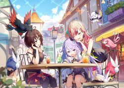 Rule 34 | 3girls, ahoge, bird, black hair, blush, brat (brabrabrat00), breasts, chair, cloud, commentary request, copyright request, drink, fangs, hat, holding, holding behind back, long hair, multiple girls, official art, one eye closed, open mouth, orange hair, purple hair, short hair, sky, table, virtual youtuber