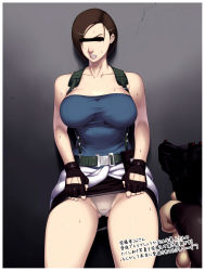 Rule 34 | angry, breasts, brown hair, highres, huge breasts, jill valentine, panties, panty pull, pubic hair, rape, resident evil, resident evil 3: nemesis, sawao, short hair, sweat, thick thighs, thighs, translation request, underwear