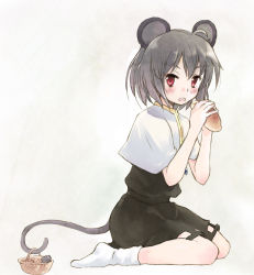 Rule 34 | 1girl, ahoge, animal ears, blouse, eating, female focus, food, grey hair, md5 mismatch, mouse (animal), mouse ears, mouse tail, nazrin, no shoes, nonaka yuu, red eyes, resolution mismatch, shirt, short hair, simple background, socks, solo, source smaller, tail, touhou, white shirt, white socks