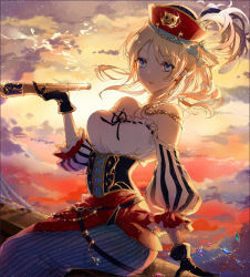 Rule 34 | 1girl, ayase eli, birthday, blonde hair, blue eyes, breasts, cloud, cloudy sky, corset, gloves, happy birthday, hat, hat feather, kinokohime, love live!, love live! school idol festival, love live! school idol project, medium breasts, pirate, pirate hat, sitting, sky, solo, sunset, telescope