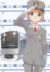 Rule 34 | 00s, 1girl, arm up, blazer, brown hair, buttons, flat chest, gloves, green eyes, hat, highres, ishida aiko, jacket, looking at viewer, mibu natsuki, name tag, necktie, notebook, odakyu electric railway, official art, pants, peaked cap, salute, short hair, smile, solo, standing, tetsudou musume, thigh gap, train, train attendant, travel attendant, uniform, white gloves