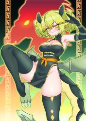 Rule 34 | 1girl, absurdres, animal feet, armpits, black gloves, black thighhighs, china dress, chinese clothes, claws, dragon girl, dragon horns, dragon tail, dragon wings, dress, duel monster, elbow gloves, gloves, green dress, green hair, green wings, highres, horns, long hair, oldsickkim, parlor dragonmaid, smile, solo, standing, standing on one leg, tail, thighhighs, thighs, wings, yellow eyes, yu-gi-oh!