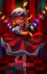 Rule 34 | 1girl, :d, absurdres, ascot, blonde hair, crystal, curtains, fang, flandre scarlet, hat, hat ribbon, highres, mary janes, mob cap, one side up, open mouth, perspective, puffy sleeves, red eyes, ribbon, shoes, short hair, sinkoart, skin fang, skirt, smile, solo, tile floor, tiles, touhou, wings
