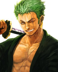 Rule 34 | 1boy, bad id, bad pixiv id, earrings, green hair, grin, jewelry, lack, male focus, manly, one-eyed, one piece, open clothes, open shirt, pectorals, roronoa zoro, scar, shirt, short hair, shusui, smile, solo, sword, weapon