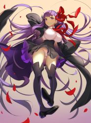 Rule 34 | 10s, 1girl, absurdly long hair, arm up, bb (fate), bb (fate/extra), black footwear, black skirt, black thighhighs, blouse, blush, boots, breasts, cape, closed mouth, coat, commentary request, fate/extra, fate/extra ccc, fate/grand order, fate (series), floating hair, full body, hair ribbon, high-waist skirt, highres, icomochi, large breasts, loafers, long hair, looking at viewer, miniskirt, open clothes, open coat, panties, petals, pink panties, purple eyes, purple hair, red ribbon, ribbon, rose petals, shiny skin, shirt, shoe soles, shoes, skirt, smile, solo, thigh boots, thighhighs, thighs, underwear, upskirt, very long hair, white panties