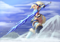 Rule 34 | 1girl, armor, ass, blonde hair, blue eyes, blue gloves, blue hairband, blue thighhighs, blurry, blurry background, blush, boots, commentary, elbow gloves, english commentary, from behind, from below, fur boots, fur trim, gloves, greatsword, greaves, hairband, highres, holding, holding sword, holding weapon, horns, huge weapon, kirin (armor), loincloth, long hair, midriff, monster hunter, monster hunter: world, monster hunter (character), monster hunter (series), mr cheesedong, panties, pantyshot, single horn, snow, solo, strapless, sword, thighhighs, thighs, toned, tube top, underwear, vambraces, weapon, white panties