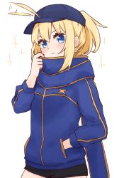 Rule 34 | 1girl, :3, afterimage, ahoge, ahoge wag, artoria pendragon (fate), baseball cap, black shorts, blonde hair, blue eyes, blue hat, blue jacket, blue scarf, blush, closed mouth, expressive hair, fate (series), hair between eyes, hair through headwear, hand in pocket, hand up, hat, i.u.y, jacket, long hair, mysterious heroine x (fate), ponytail, rojiura satsuki: chapter heroine sanctuary, scarf, short shorts, shorts, simple background, solo, sparkle, track jacket, white background