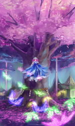 Rule 34 | 1girl, bug, butterfly, cherry blossoms, female focus, floating, ghost, hat, highres, insect, japanese clothes, jinying, pagoda, petals, pink eyes, pink hair, rope, saigyou ayakashi, saigyouji yuyuko, shimenawa, short hair, smile, solo, touhou, tree, triangular headpiece