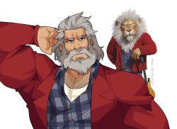 Rule 34 | 1boy, arm behind head, bara, beard, character request, chest hair, collared shirt, copyright request, dark-skinned male, dark skin, facial hair, frown, grey hair, highres, large pectorals, male focus, mature male, muscular, muscular male, old, old man, pectoral cleavage, pectorals, personification, revealyoursins, scene reference, shirt, short hair, solo, thick mustache, upper body, wrinkled skin