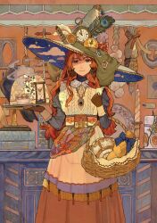 Rule 34 | 1girl, acorn, apron, basket, blue sash, blue shirt, bookmark, brown gloves, brown skirt, buchi (qooo003), candle, clenched hand, closed mouth, collared apron, corn, cowboy shot, cup, earrings, feathers, fingerless gloves, food, fruit, gloves, green eyes, hands up, hat, hat feather, highres, holding, holding basket, holding tray, hourglass, indoors, jewelry, juliet sleeves, letter, long hair, long skirt, long sleeves, looking at viewer, necklace, orange (fruit), orange hair, orange slice, original, peacock feathers, pocket watch, pomegranate, postage stamp, puffy sleeves, pumpkin, red pepper, sash, saucer, serving dome, shirt, skirt, sleeve cuffs, smile, solo, standing, steam, table, tassel, teacup, tray, turtleneck, two-sided fabric, two-sided headwear, watch, wavy hair, white apron, white hat, wicker basket, wide brim, witch hat