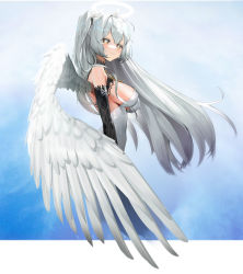 Rule 34 | + +, 1girl, angel, angel wings, breasts, closed mouth, cropped torso, elbow gloves, feathered wings, from side, gloves, halo, highres, large breasts, liyou-ryon, long hair, looking at viewer, original, silver hair, smile, solo, upper body, wings, yellow eyes
