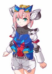 Rule 34 | 1girl, aqua eyes, blue hair, blunt bangs, blush, clenched hands, collarbone, covered navel, gundam, highres, i.takashi, looking at viewer, mecha musume, mobile suit gundam, multicolored hair, personification, pink hair, rx-78-2, rx-78f00, short hair, shorts, skin tight, smile, solo, streaked hair, white background