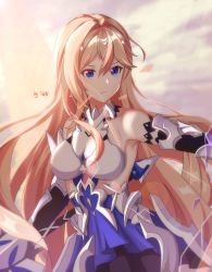 Rule 34 | 1girl, absurdres, armpits, bare shoulders, bianka durandal ataegina, bianka durandal ataegina (bright knight: excelsis), blonde hair, blue eyes, breasts, cleavage, closed mouth, elbow gloves, glass shards, gloves, hair between eyes, highres, holding, holding weapon, honkai (series), honkai impact 3rd, long hair, looking ahead, polearm, scratches, solo, spear, sunset, takeawatch, weapon