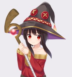 Rule 34 | 1girl, bare shoulders, blush, brown hair, closed mouth, dress, glowing staff, grey background, hands up, hat, highres, holding, holding staff, kanekan, kono subarashii sekai ni shukufuku wo!, long sleeves, looking at viewer, medium hair, megumin, red dress, red eyes, sidelocks, simple background, smile, solo, staff, two-handed, witch hat
