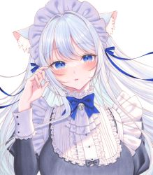 Rule 34 | 1girl, animal ear fluff, animal ears, bell, black dress, blue bow, blue eyes, bow, breasts, commentary request, dress, grey hair, hair intakes, hand up, jingle bell, juliet sleeves, large breasts, long hair, long sleeves, maid, maid headdress, marker (medium), neck bell, original, parted lips, puffy sleeves, sakura shiho, simple background, solo, traditional media, upper body, very long hair, white background