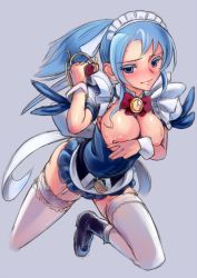 Rule 34 | 1girl, bell, blue eyes, blue hair, boots, bow, breasts, clothes pull, collar, covering privates, covering breasts, dagger, dress, dress pull, female focus, garter straps, knife, large breasts, long hair, looking at viewer, maid headdress, maidensnow no youkai dai-makyou, matching hair/eyes, musen-shiki sanhankikan, nipples, sketch, solo, thighhighs, weapon, white thighhighs