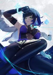 Rule 34 | 1girl, absurdres, arm up, armpits, asymmetrical gloves, bead choker, black gloves, blue dress, blue hair, bob cut, bracelet, breasts, diagonal bangs, dice, dress, elbow gloves, from below, fur-trimmed jacket, fur trim, genshin impact, gloves, green eyes, highres, huge moon, jacket, jacket on shoulders, jewelry, knees up, large breasts, leg up, light particles, massoukei, mismatched gloves, moon, multicolored hair, night, night sky, outstretched arm, parted lips, short hair, sidelocks, single elbow glove, sky, solo, tassel, tassel choker, thread, white gloves, yelan (genshin impact)