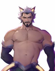 Rule 34 | animal ears, bara, bare pectorals, battle wolf sylas, beard, biceps, black hair, broad shoulders, cat ears, chest hair, ear piercing, earrings, elbow gloves, facial hair, gloves, hairy, highres, jewelry, league of legends, looking to the side, male focus, manly, mature male, muscular, navel, navel hair, nipples, official alternate costume, pectoral cleavage, pectorals, piercing, seupil hyugo (spirohugo), smile, solo, sylas (league of legends), thick arms, white hair, yellow eyes