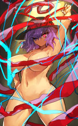 Rule 34 | 1girl, arm up, armpits, bow, breasts, convenient censoring, female focus, gradient background, hair over one eye, hat, hat bow, highres, large breasts, lightning, looking at viewer, melon22, nagae iku, naked ribbon, pink eyes, purple hair, ribbon, solo, touhou