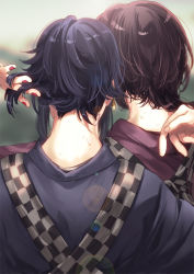 Rule 34 | 10s, 2boys, alternate costume, alternate hair length, alternate hairstyle, back, bad id, bad pixiv id, between fingers, blue hair, blurry, blurry background, brown hair, depth of field, earrings, from above, from behind, hanasaki coa, holding, holding another&#039;s hair, holding own hair, japanese clothes, jewelry, kashuu kiyomitsu, lens flare, male focus, multiple boys, nail polish, nape, personification, red nails, shade, short hair with long locks, sidelocks, sweat, tasuki, touken ranbu, upper body, yamato-no-kami yasusada