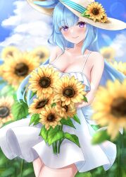 Rule 34 | 1girl, absurdres, alternate costume, animal ears, bare shoulders, blue hair, blurry, blurry background, blush, bouquet, breasts, commentary, commentary request, dress, field, flower, flower field, hat, highres, holding, holding bouquet, horse ears, horse girl, large breasts, long hair, mejiro ardan (umamusume), open mouth, outdoors, purple eyes, smile, solo, straw hat, sun hat, sundress, sunflower, sunflower field, taku (312nismo1), umamusume, upper body, white dress