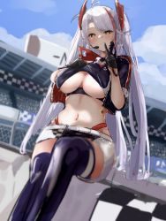 Rule 34 | 1girl, absurdres, azur lane, belt, black gloves, blue sky, breasts, checkered flag, clothing cutout, cropped shirt, earpiece, flag, gloves, half gloves, headgear, highres, jacket, large breasts, light purple hair, looking at viewer, multicolored hair, navel, official alternate costume, open clothes, open jacket, outdoors, panties, panty straps, plain 64, prinz eugen (azur lane), prinz eugen (final lap) (azur lane), purple jacket, purple thighhighs, race queen, racetrack, red hair, red panties, short sleeves, sitting, sky, solo, streaked hair, thighhighs, two-tone hair, two-tone skirt, underboob, underboob cutout, underwear, v, white belt, yellow eyes, zettai ryouiki