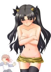 Rule 34 | 1boy, 1girl, anger vein, animal print, black thighhighs, blood, cone horns, cosplay, covering privates, emiya shirou, fate/stay night, fate (series), horns, lum, lum (cosplay), navel, nosebleed, simple background, striped horns, thighhighs, tiger print, tohsaka rin, topless, two side up, urusei yatsura, white background, yellow horns