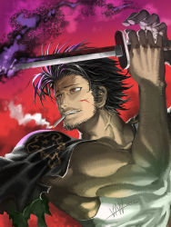 Rule 34 | 1boy, absurdres, artist name, biceps, black clover, black hair, bleeding, blood, blood on face, cape, capelet, cigarette, command input, facial hair, goatee, highres, holding, holding sword, holding weapon, injury, long sideburns, magic, male focus, mature male, multicolored background, muscular, muscular male, mustache, parted lips, red eyes, short hair, sideburns, signature, sleeveless, smoke, smoking, solo, sword, tank top, teeth, torn cape, torn capelet, torn clothes, upper teeth only, van (yoroshigu), veins, weapon, white tank top, yami sukehiro