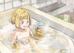 Rule 34 | 1girl, artist request, bath, bathing, bathtub, blonde hair, child, collarbone, commentary request, drag-on dragoon, drag-on dragoon 1, indoors, manah, nude, red eyes, rubber duck, short hair, sitting, solo, water