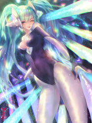Rule 34 | ;), aqua hair, bodysuit, breasts, cleavage, covered navel, dj sona, headphones, league of legends, lipstick, long hair, looking at viewer, one eye closed, red hod, sona (league of legends), twintails