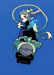 Rule 34 | 1girl, apron, bloody marie (skullgirls), blue background, bow, brooch, dress, fire, frilled apron, frilled dress, frills, grey hair, hair ornament, half-closed eyes, highres, jewelry, kuroirozuki, maid headdress, mary janes, red eyes, ribs, riding machine, shoes, skeleton, skull hair ornament, skullgirls, solo, standing, twintails, vacuum cleaner