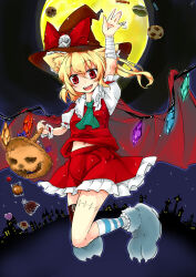 Rule 34 | 1girl, adapted costume, alternate headwear, animal ears, arm up, ascot, asymmetrical legwear, bandaged arm, bandaged fingers, bandages, basket, blue socks, brown hat, candy, candy wrapper, cape, chocolate chip cookie, collared shirt, cookie, crystal, dark background, fake animal ears, flandre scarlet, food, frilled shirt collar, frilled skirt, frilled sleeves, frills, full body, full moon, glowing, glowing wings, green ascot, hair between eyes, halloween, halloween bucket, halloween costume, harry (namayake), hat, head tilt, highres, holding, holding basket, looking at viewer, macaron, medium hair, moon, multicolored wings, one side up, open mouth, pointy ears, red cape, red eyes, red ribbon, red skirt, red vest, ribbon, shirt, skirt, skirt set, sleeve ribbon, socks, solo, striped clothes, striped socks, teeth, thighs, touhou, upper teeth only, vest, white shirt, white socks, wings, witch hat, wrist cuffs
